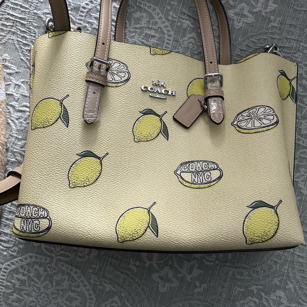 Coach Lemon Print Tote in Pale Yellow with Tan Straps